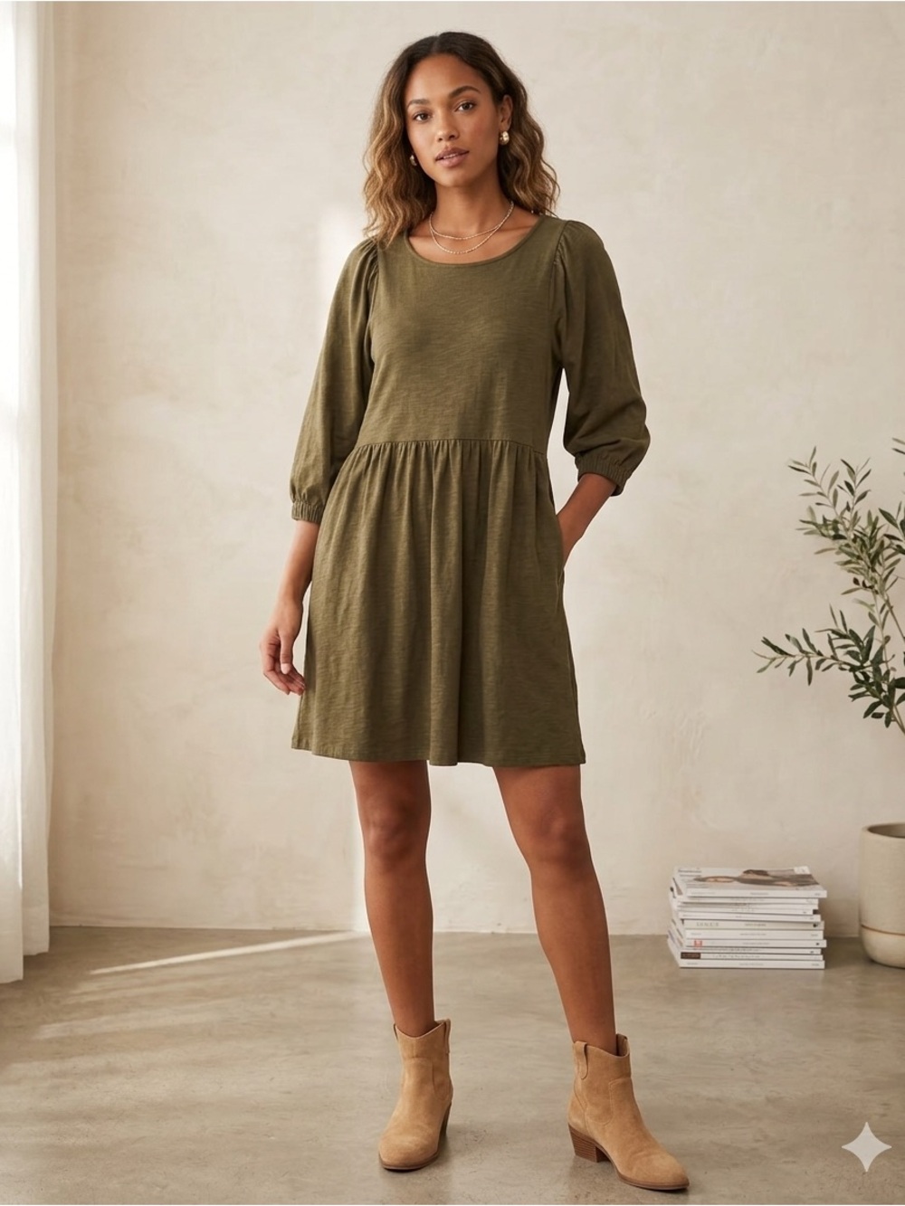 Jolie Olive Scoop Neck Knit Dress